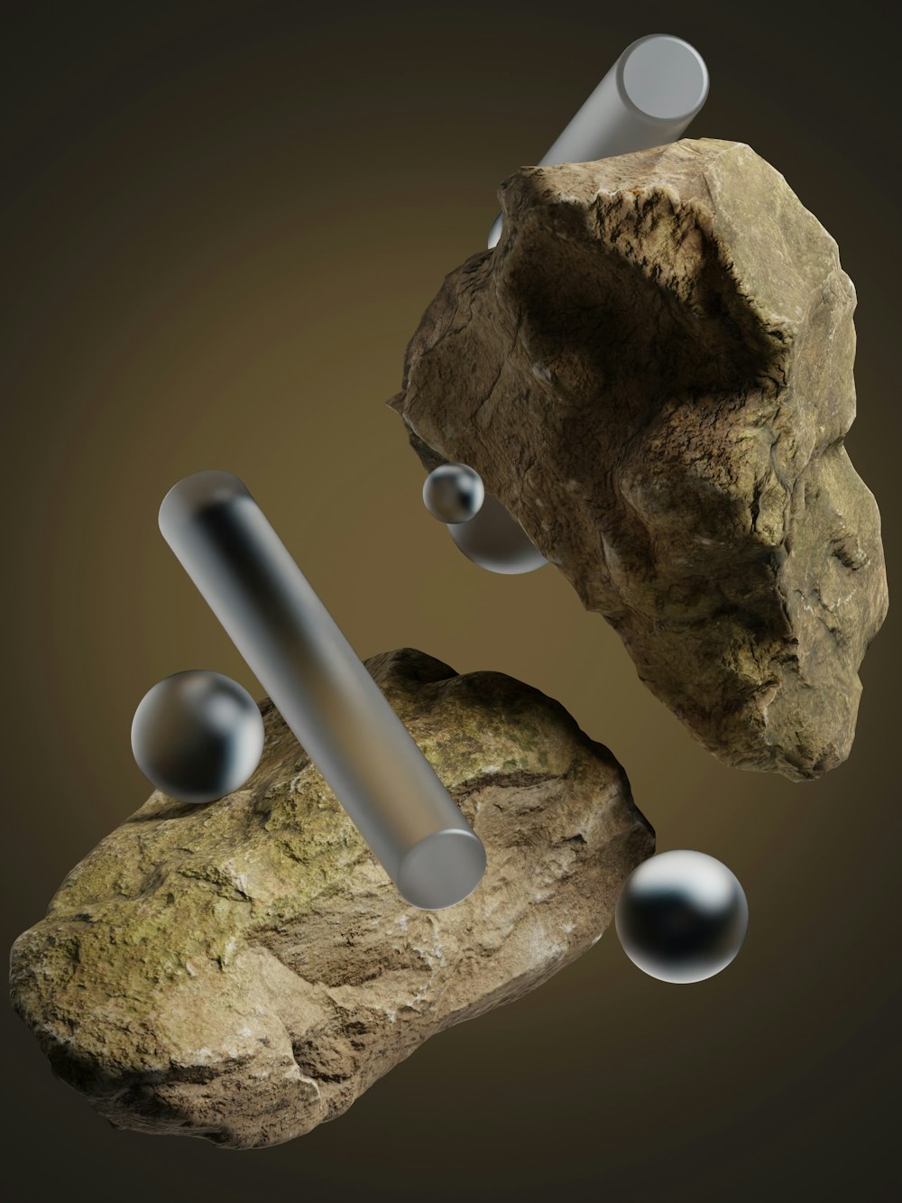 a rock and two metal balls in the air