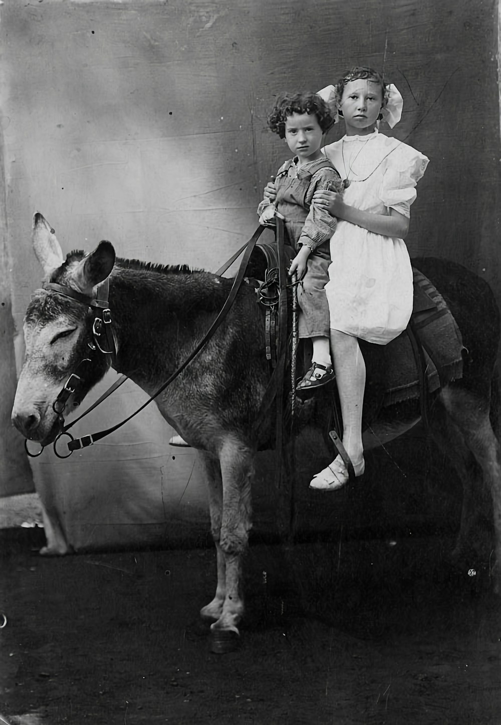 an old photo of two children on a donkey