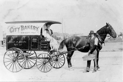 an old photo of a woman sitting on a horse drawn carriage