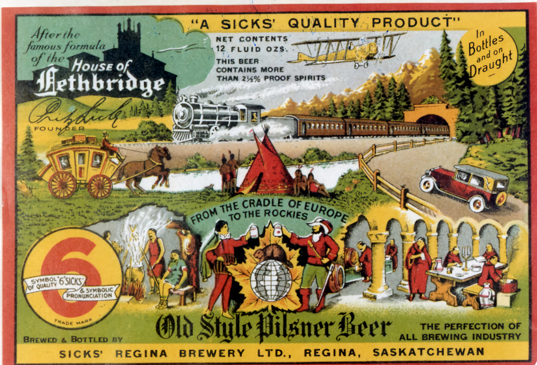 A color-printed Canadian pilsner beer label crowded with a train, a stagecoach, a biplane and a brewery