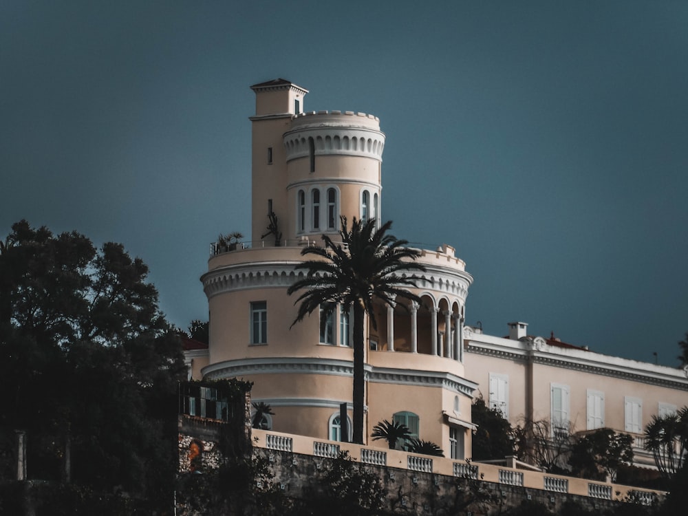 um grande edifício com uma palmeira na frente dele