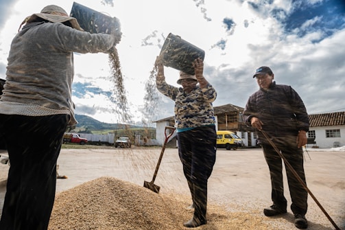 a couple of men standing on top of a pile of dirt