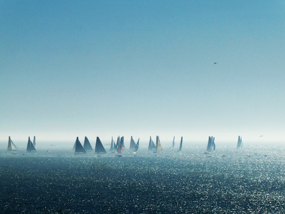 a group of sailboats sailing in the ocean on a foggy day