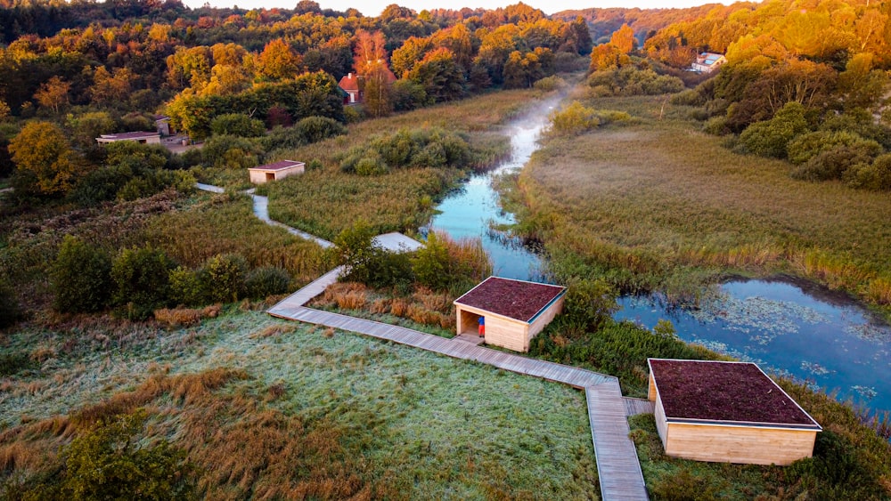 an aerial view of a grassy area with a river running through it