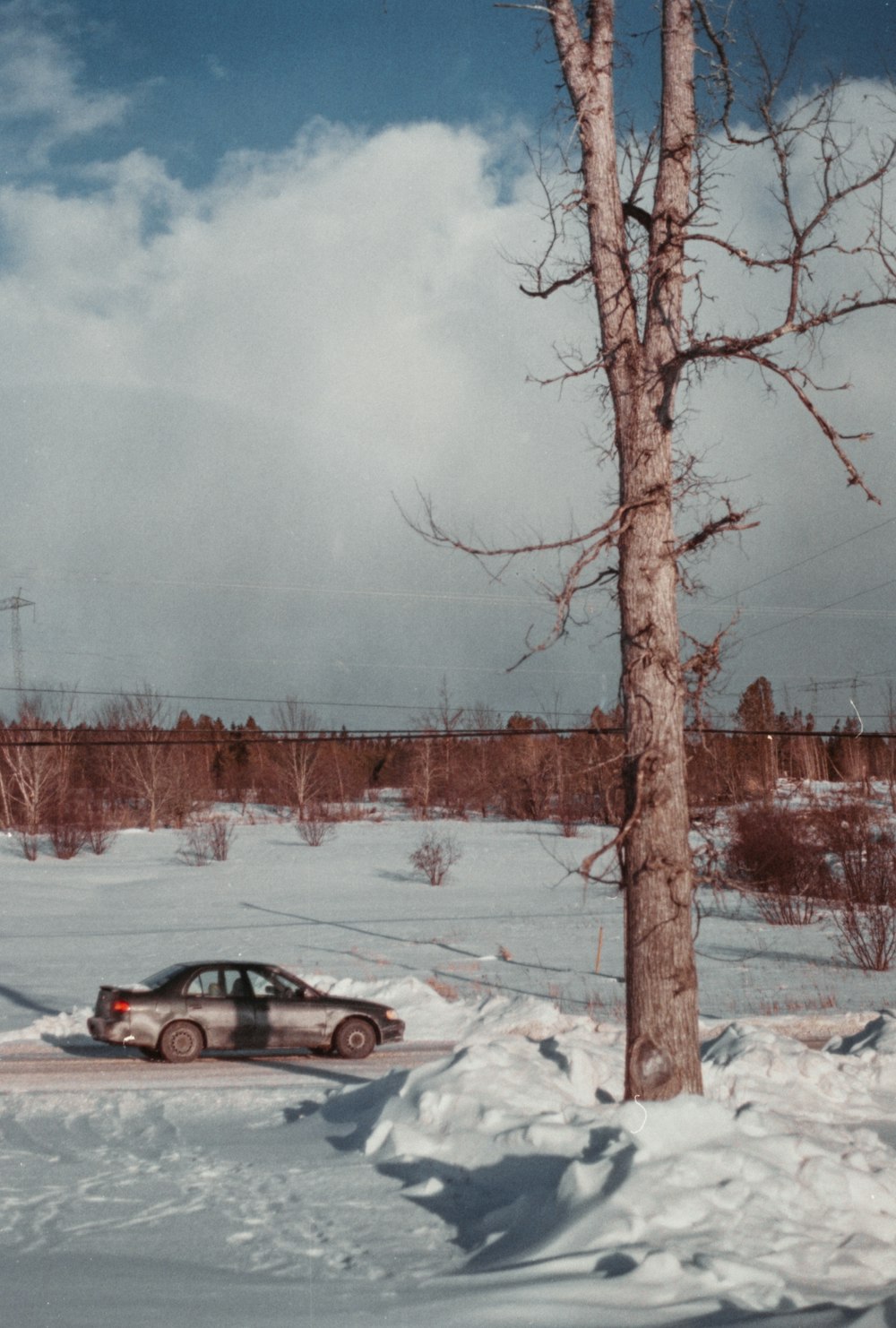 a car parked in the snow next to a tree