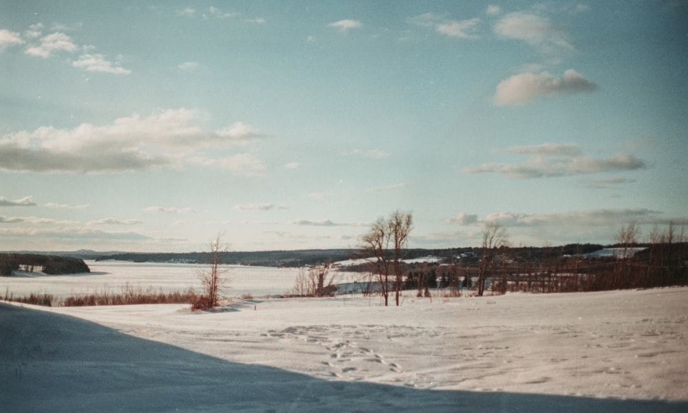 a snow covered field with tracks in the snow