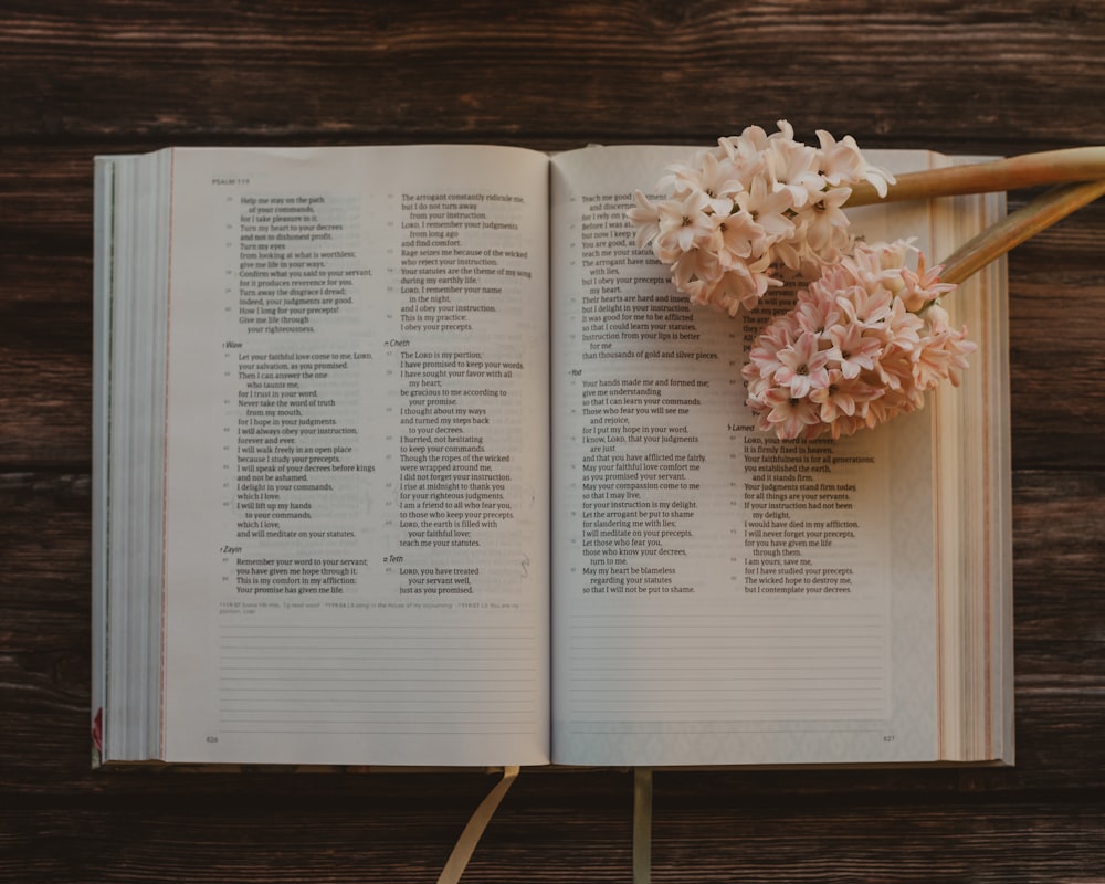 an open book with flowers on top of it