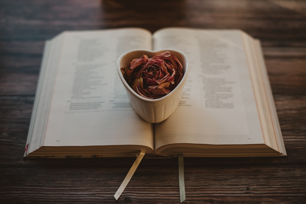 an open book on a wooden table with a heart - shaped bowl of dried flowers