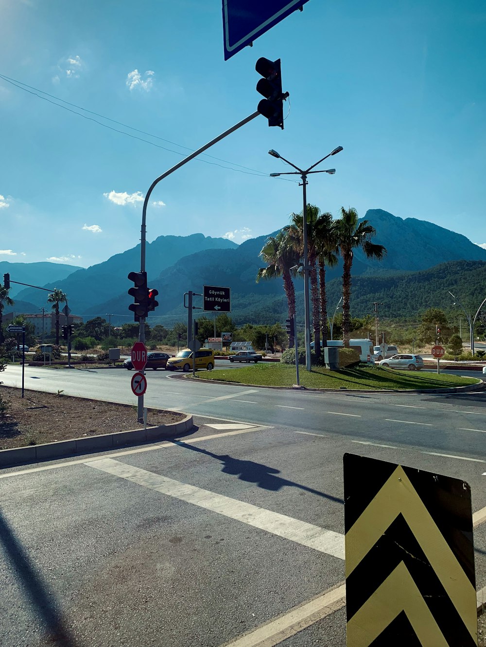 a street with a traffic light and a street sign