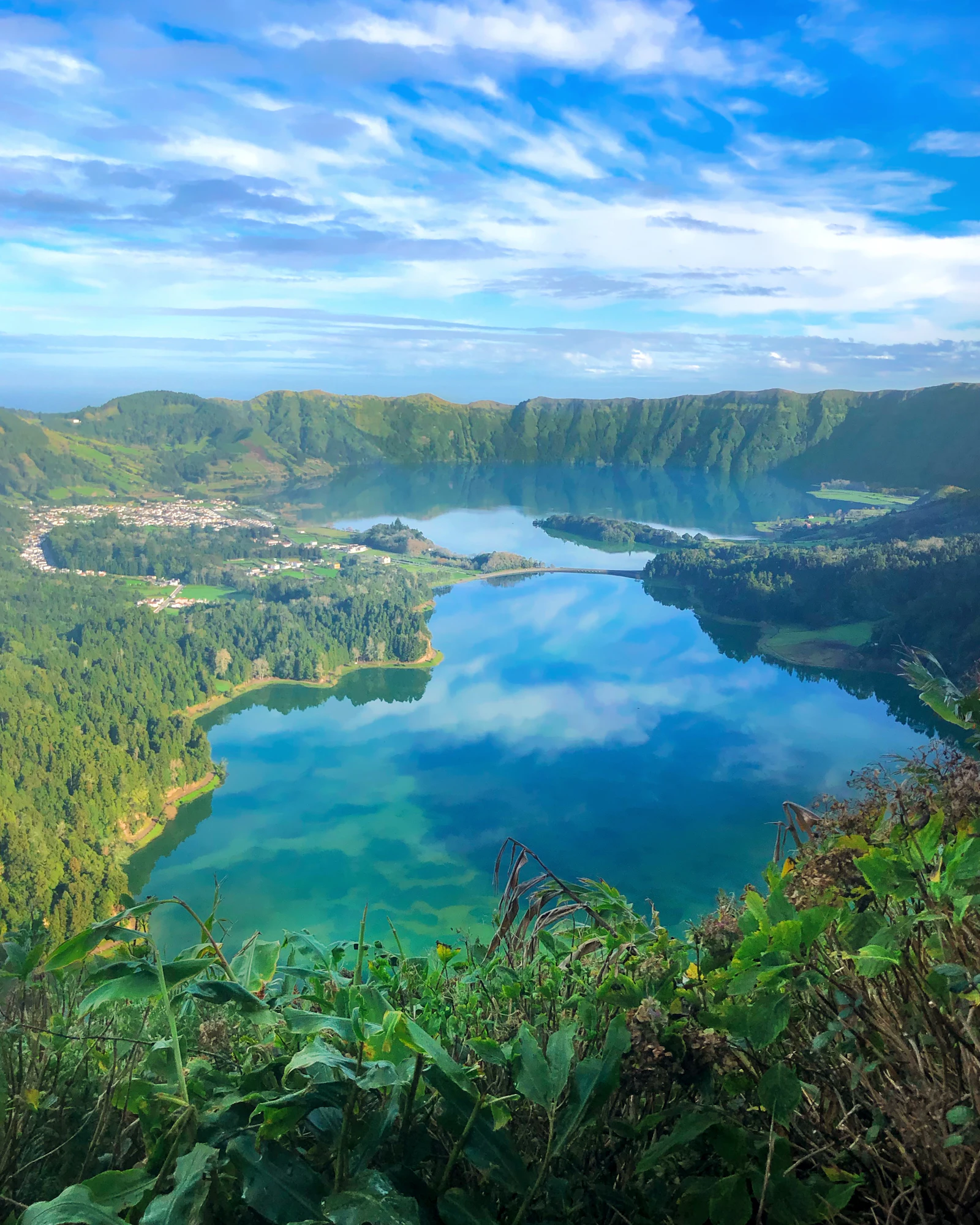 The lakes of Sete Cidades surrounded by green crater walls