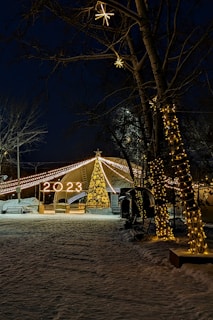 A nighttime winter scene featuring a brightly illuminated Christmas tree under a canopy adorned with string lights. The numbers '2023' are prominently displayed in lights. Snow covers the ground, and trees are wrapped with festive lighting, enhancing the holiday atmosphere.