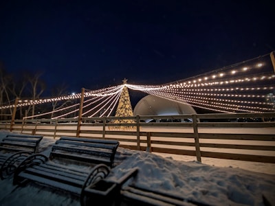 A nighttime scene features a large, lit Christmas tree beneath a canopy of string lights that stretch outwards, creating a festive atmosphere. Snow covers the ground and benches are lined up along a wooden fence, adding to the wintry setting.