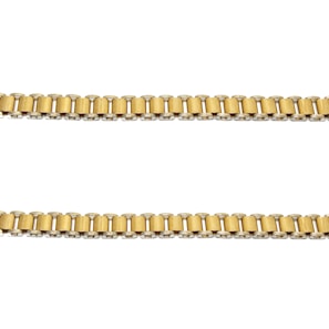 Two parallel gold chains are positioned horizontally against a plain white background. The links of the chains are cylindrical and interconnected evenly.
