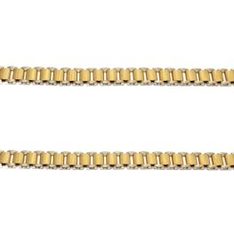 Two parallel gold chains are positioned horizontally against a plain white background. The links of the chains are cylindrical and interconnected evenly.
