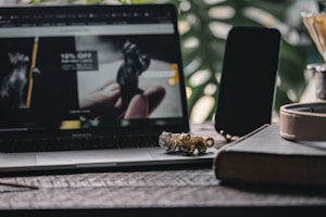 A laptop displaying a website is open on a wooden table. Next to it is a smartphone with a dark screen. In front of the laptop, there is a small gold and silver figurine resembling a cat. Beside these items, a large book lies closed. Green leaves in the background add a touch of nature.
