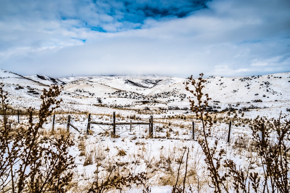 a snowy landscape with a fence and mountains in the background