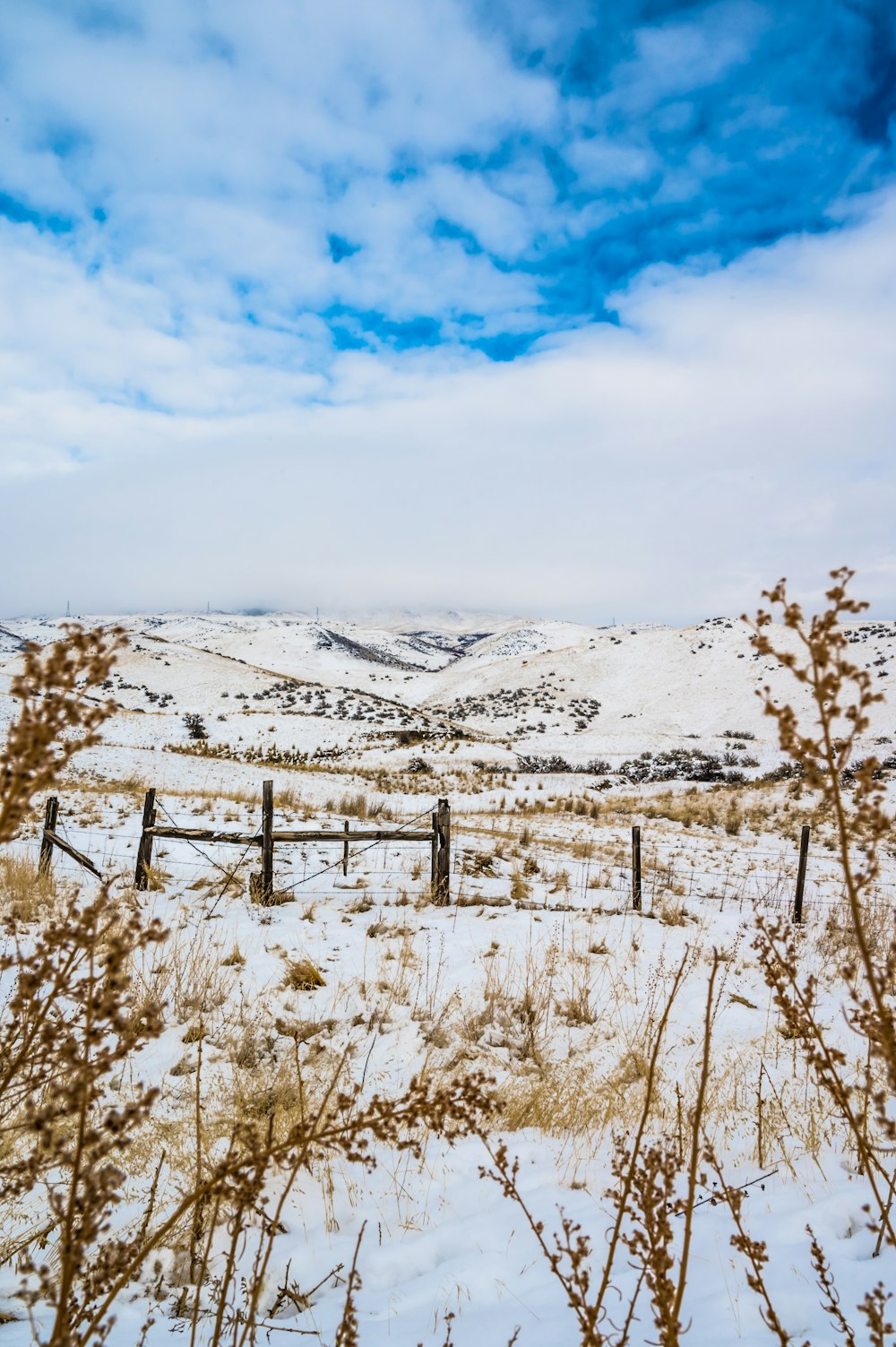 a snow covered field with a fence and mountains in the background