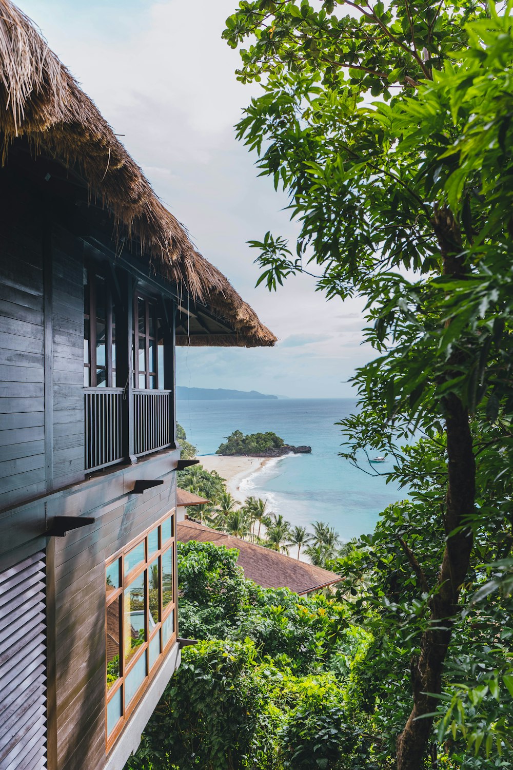 a house with a thatched roof overlooks the ocean