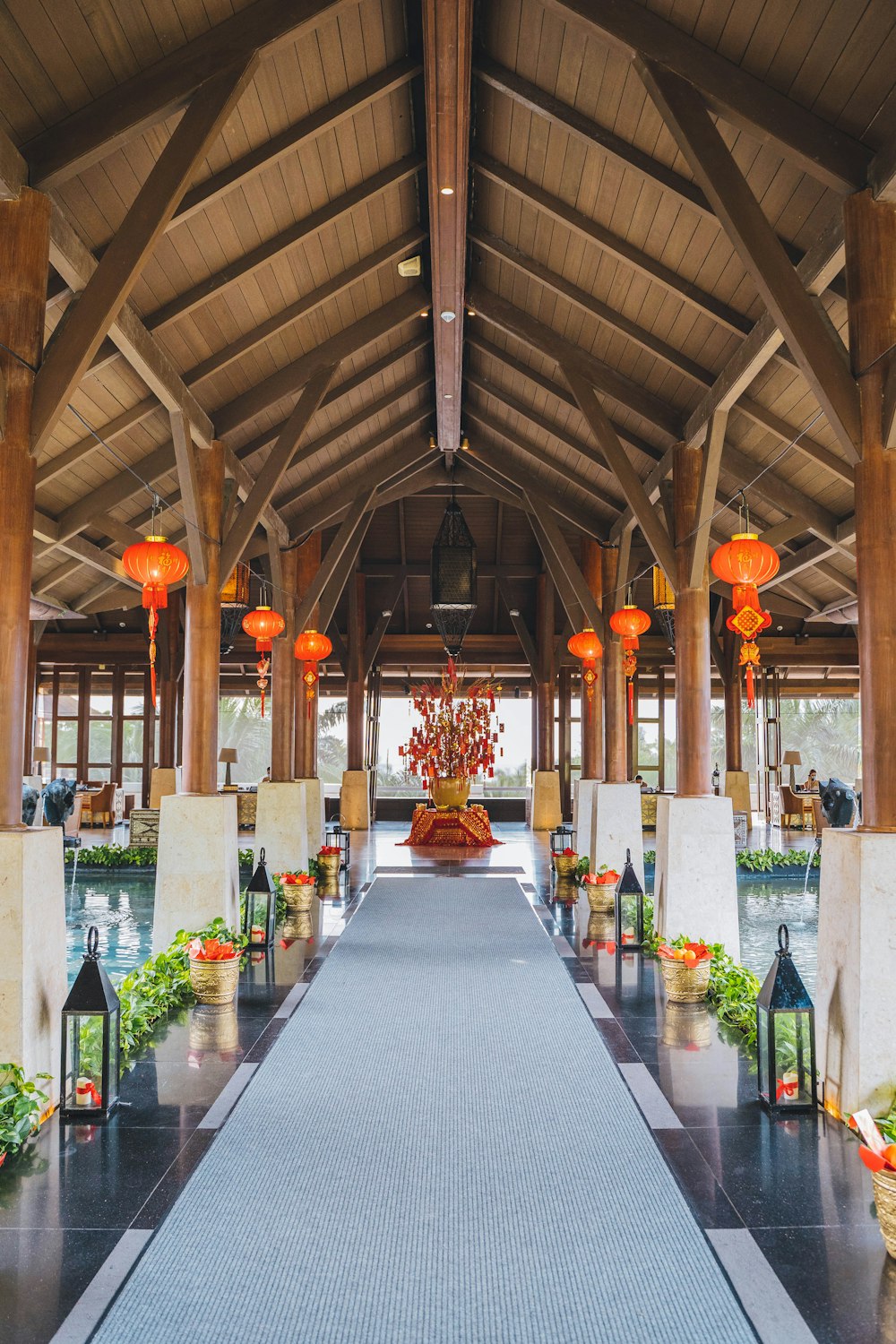 a large room with a long table and chairs