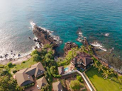 Aerial shot of a coastal neighborhood featuring upscale houses and lush greenery.
