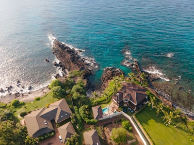 Aerial view of a coastal landscape featuring several upscale houses surrounded by lush greenery. Rock formations extend into the ocean, where waves gently crash against them. The ocean has a rich blue color, complemented by the sandy and rocky shoreline. Palm trees and well-maintained lawns add to the tropical atmosphere.