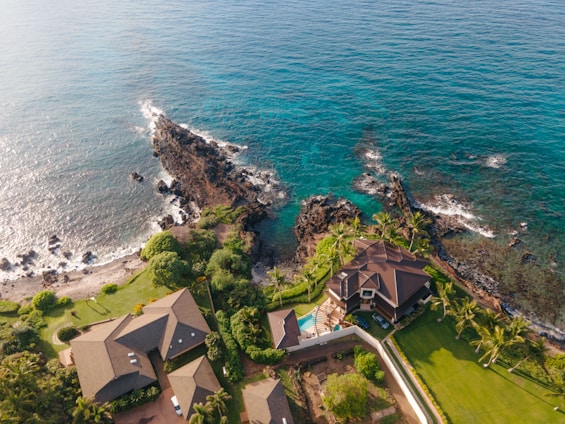 Aerial view of a coastal landscape featuring several upscale houses surrounded by lush greenery. Rock formations extend into the ocean, where waves gently crash against them. The ocean has a rich blue color, complemented by the sandy and rocky shoreline. Palm trees and well-maintained lawns add to the tropical atmosphere.