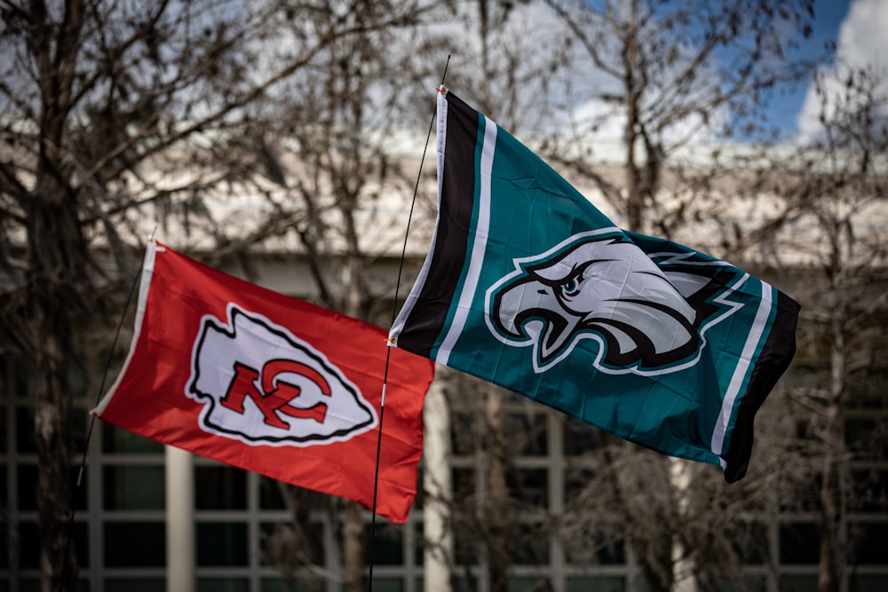 two flags flying in the wind in front of a building