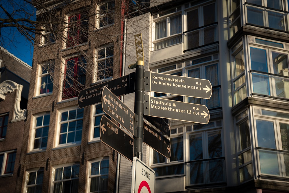 a pole with many different street signs in front of a building