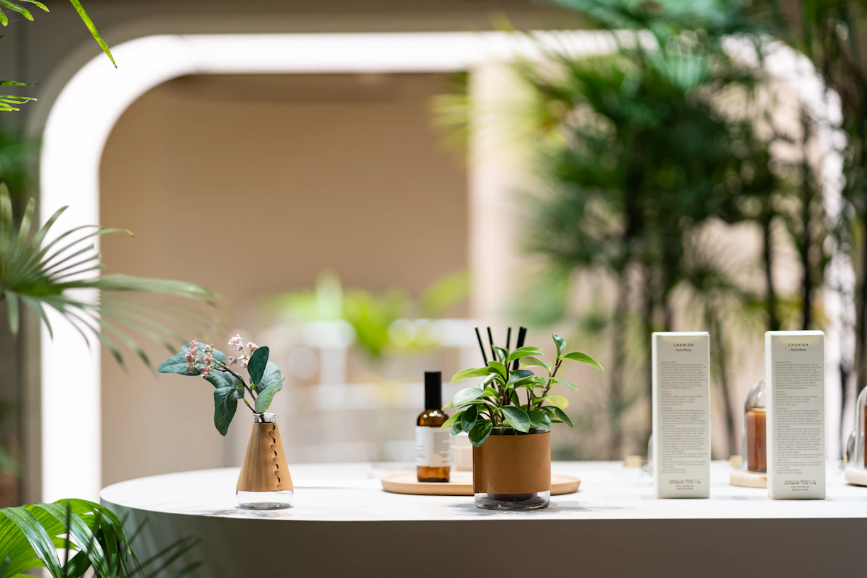 a table topped with bottles and plants on top of it