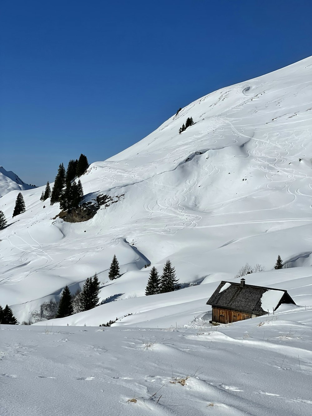 a small cabin in the middle of a snowy mountain