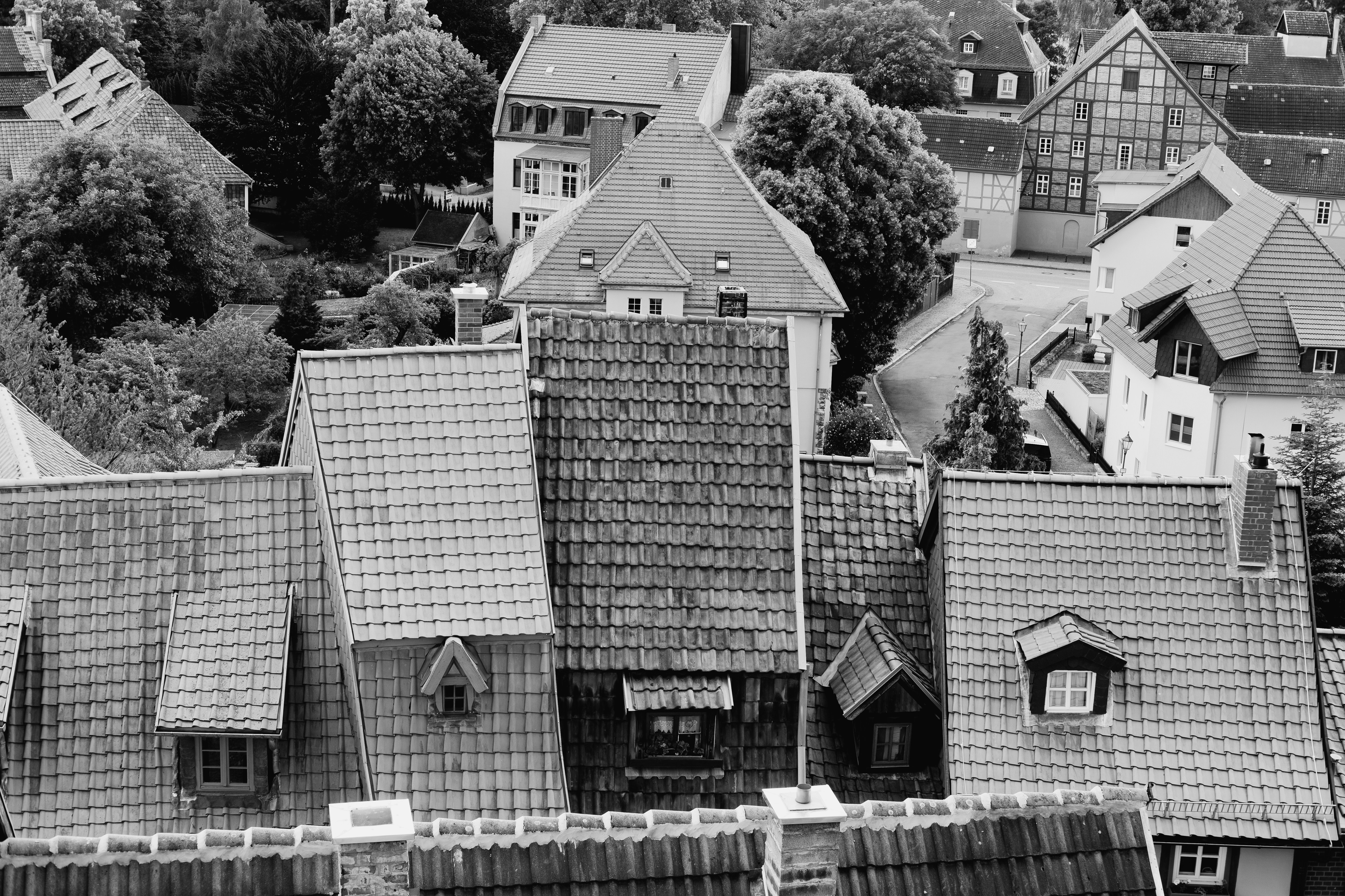 a black and white photo of rooftops and houses, 