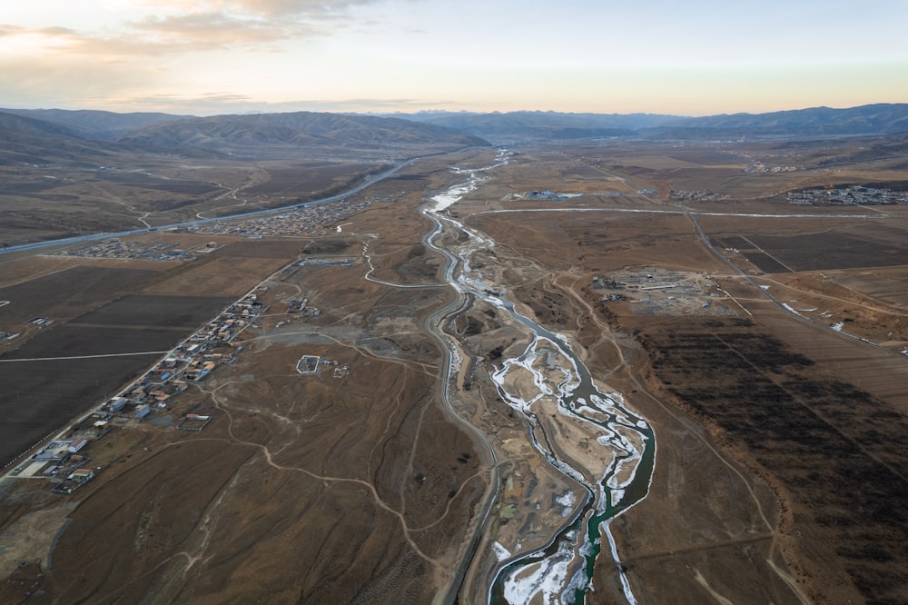 an aerial view of a large open field