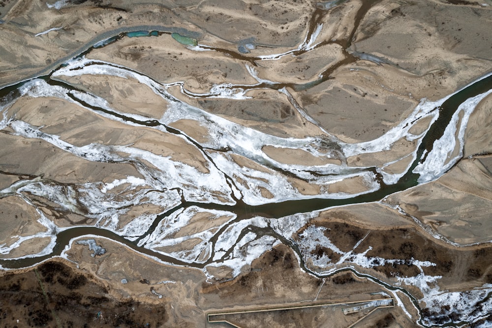 an aerial view of a river and land