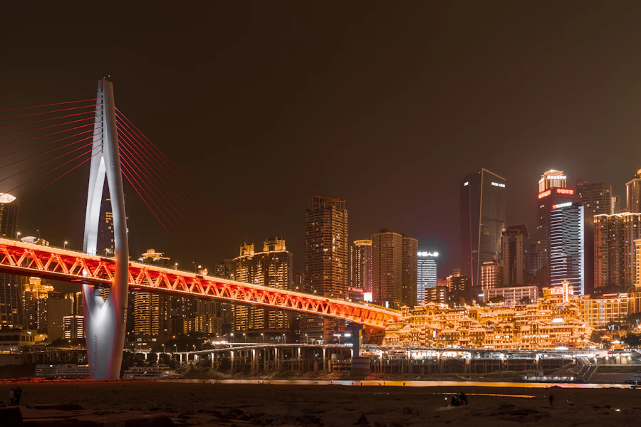 Chongqing's Hongyadong and Qiansimen Bridge lit up at night