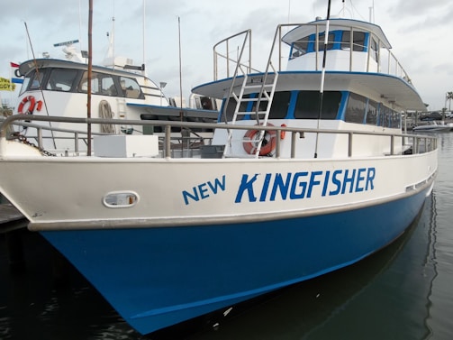 A large blue and white boat named 'New Kingfisher' is docked at a marina. The boat has multiple decks and is equipped with various nautical equipment. A lifebuoy is attached to the front railing.