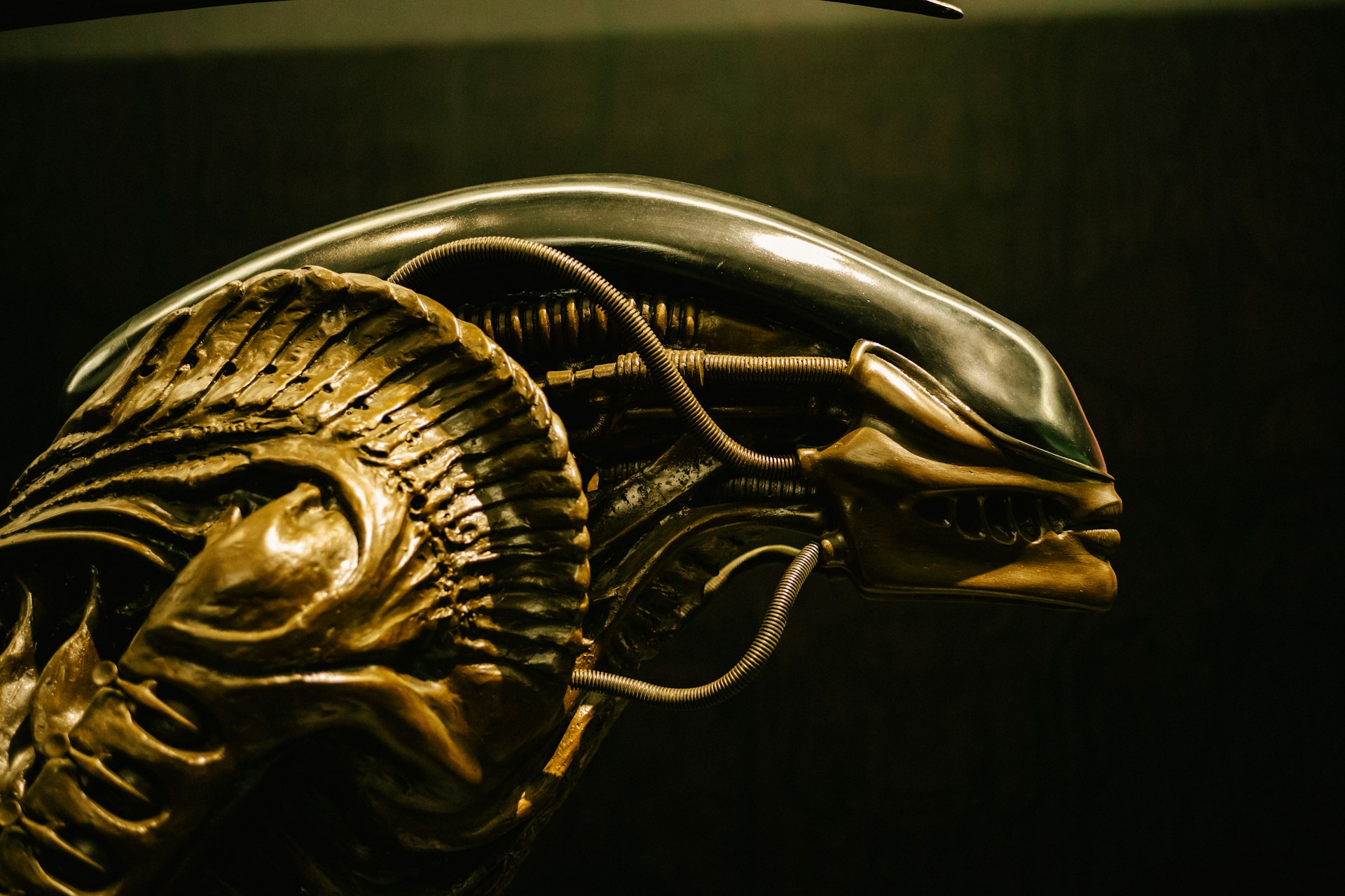 A close-up of a dark, intricate sculpture inspired by H.R. Giger, highlighting twisted biomechanical textures.