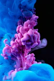 A vibrant ink splash blending blues and purples on white canvas.