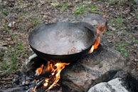 A large metal cauldron filled with cooking ingredients sits atop a stone fire pit. Flames and smoke rise from the firewood beneath, contrasting with the earthy surroundings of leaves and grass. The scene suggests outdoor cooking in a natural setting.