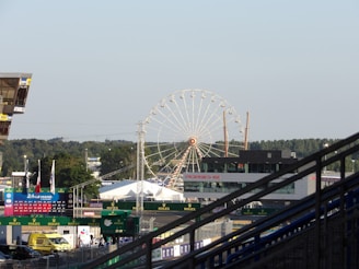 a ferris wheel is in the distance of a city