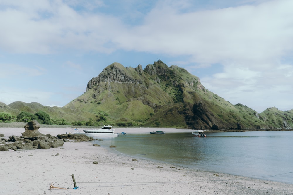 Una playa con una montaña al fondo