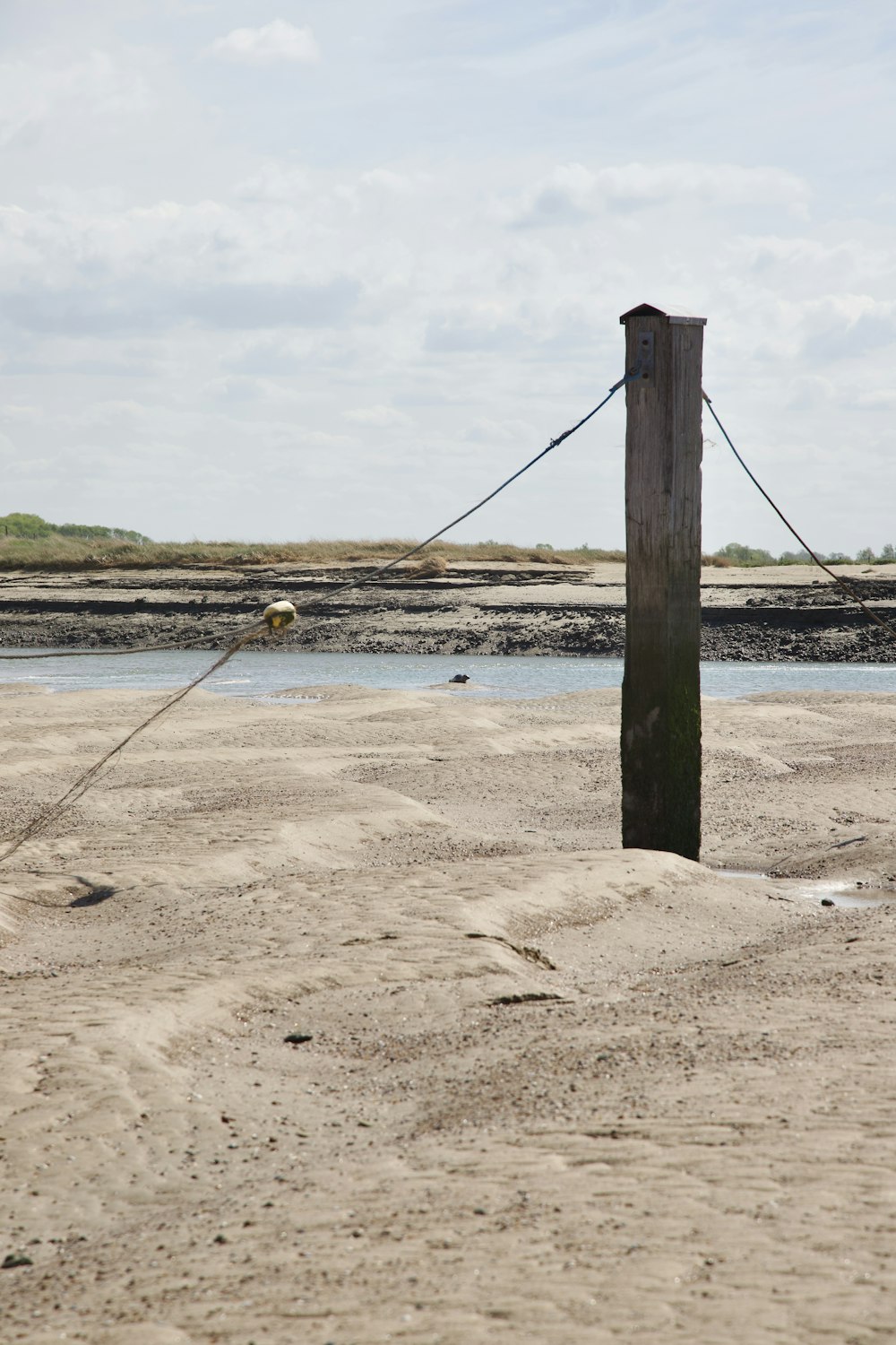 a wooden post sitting on top of a sandy beach