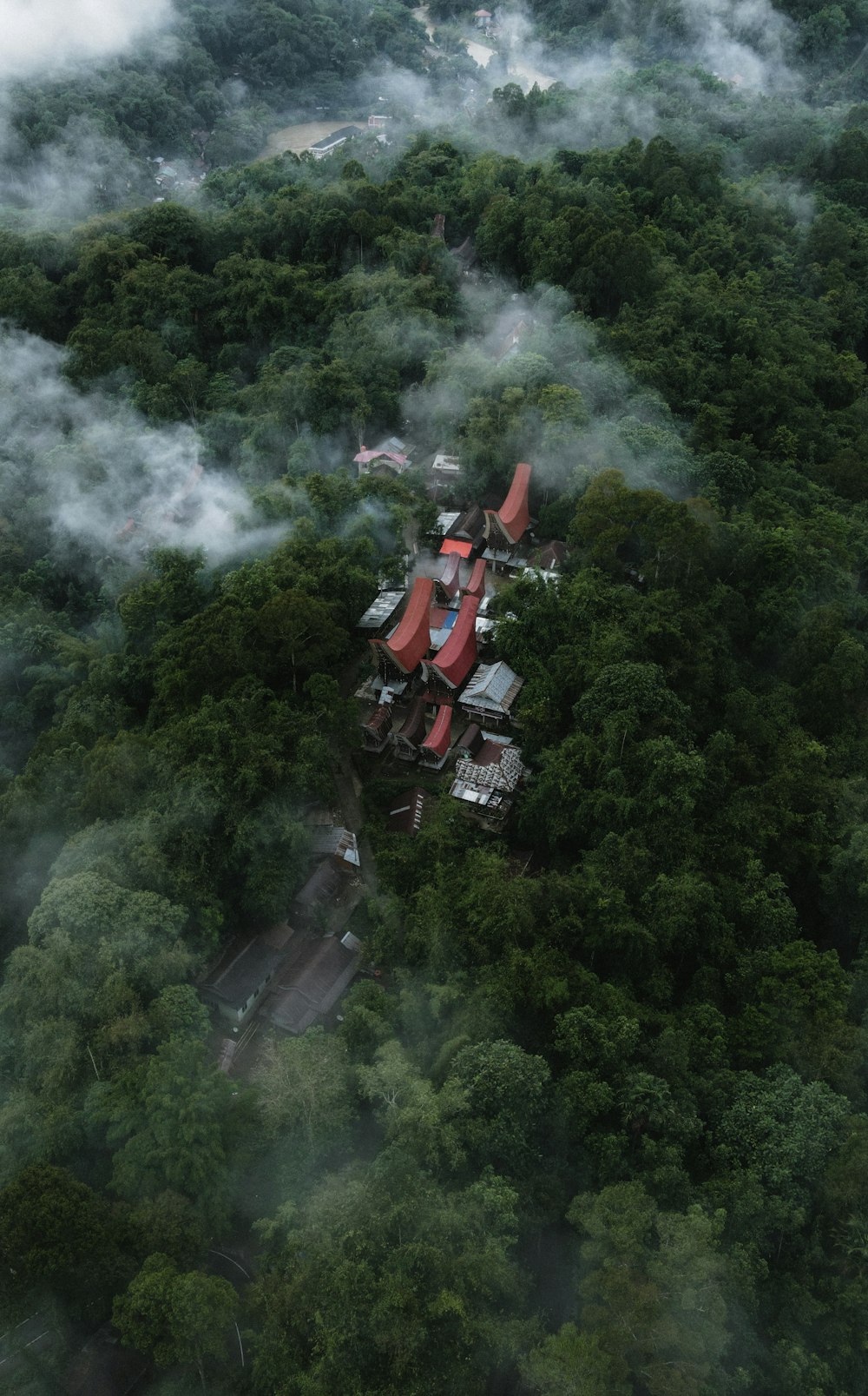 an aerial view of a house in the middle of a forest