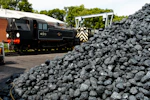 a train traveling past a pile of coal