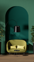 A stylish interior featuring a green circular-patterned wall, a lime green sofa with two matching cushions, a sleek black floor lamp, and a small black coffee table. The space is flanked by tall potted plants, and the wooden floor adds warmth to the modern aesthetic.