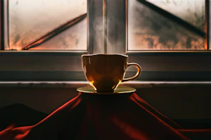 A sunlit morning scene with a model wearing a soft clay heart sweater, sitting by a window with a steaming cup of tea.