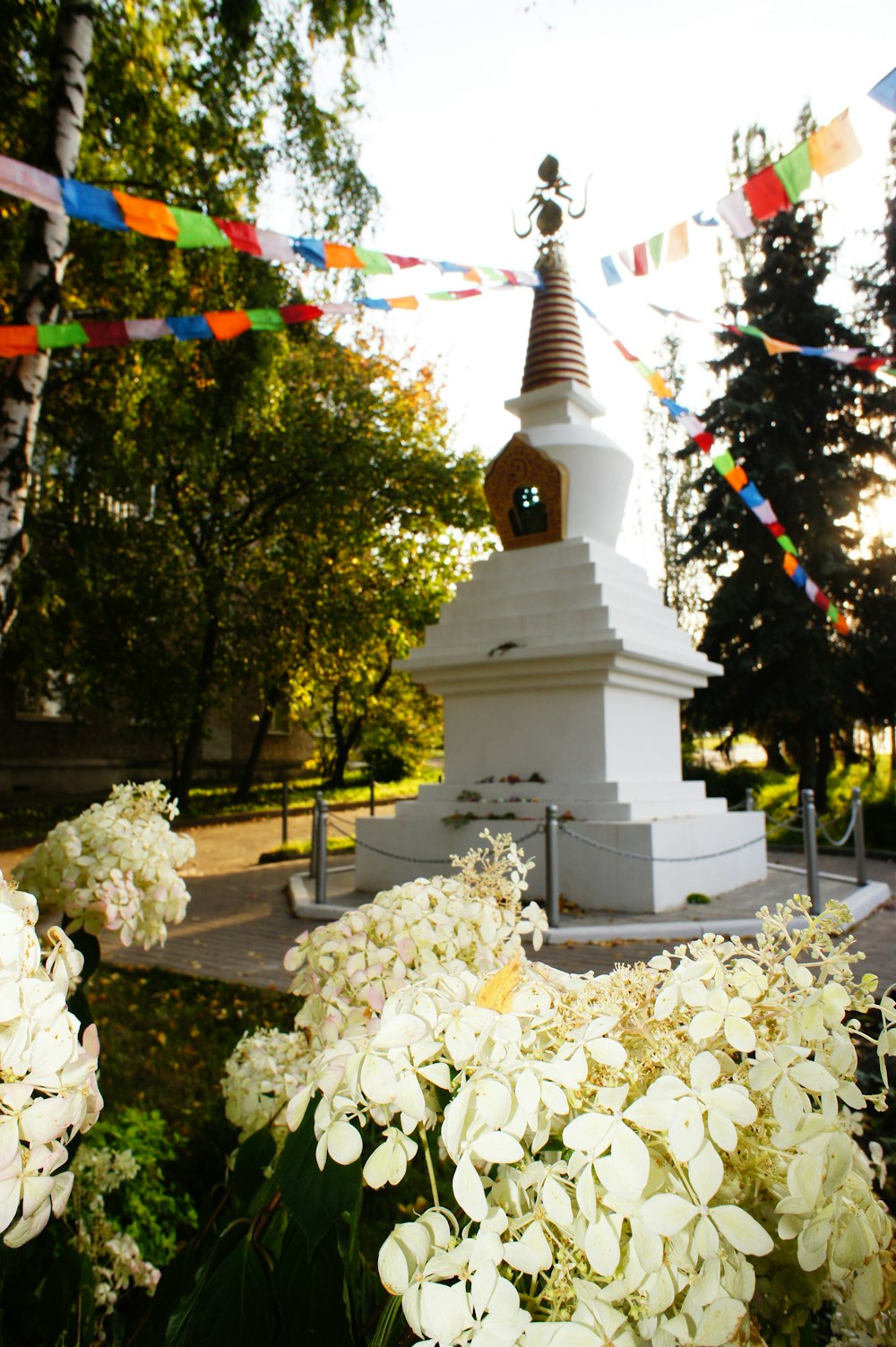 white flowers in front of a tall white tower