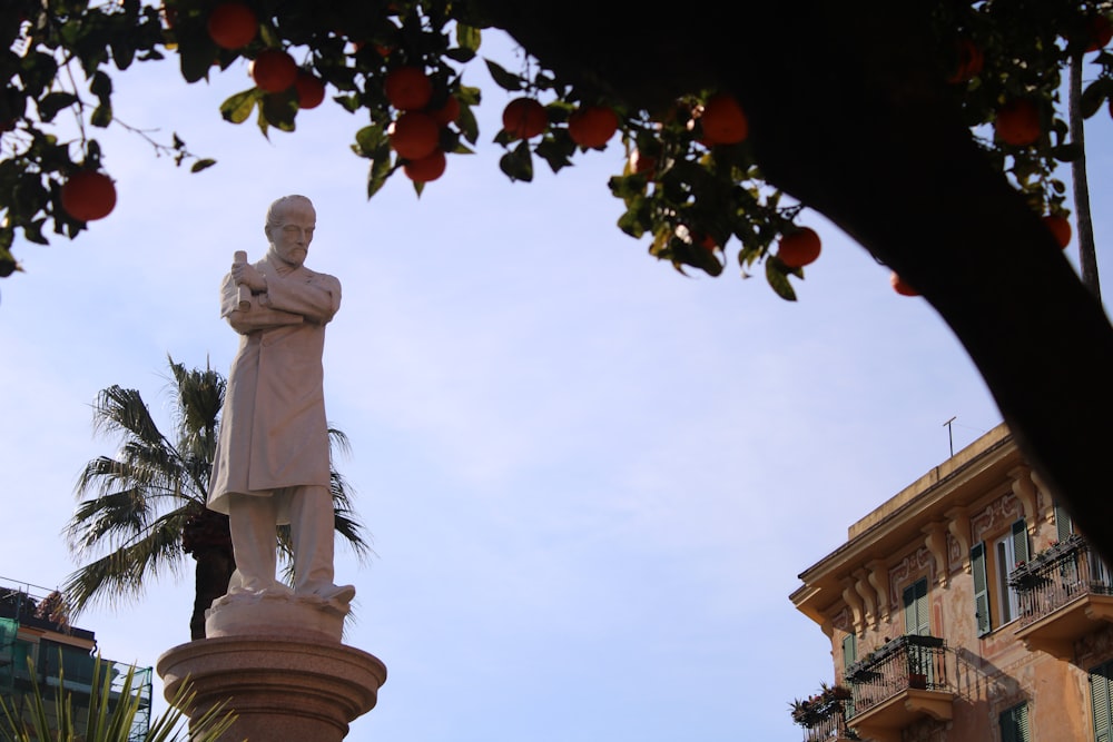 a statue of a man standing next to a tree