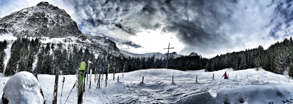 A snow-covered landscape with a series of ski poles and skis planted in the snow, flanked by tall pine trees and a rugged mountain in the background. A cross is prominently visible in the center of the scene, and a person in a pink jacket can be seen trudging through the snow. The sky is overcast with dramatic clouds.