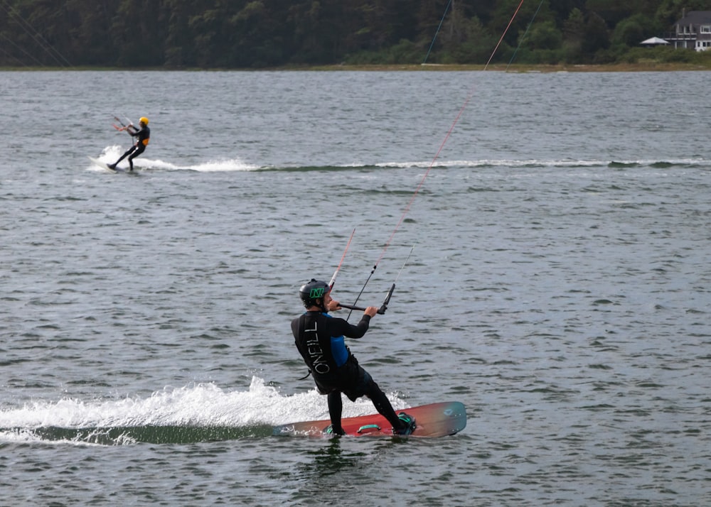 a man riding a surfboard on top of a body of water