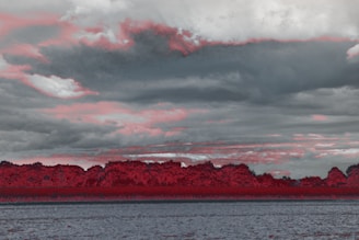 A landscape with a large expanse of water in the foreground, bordered by a dense line of trees. The sky is overcast with thick, dramatic clouds. The colors are heavily altered with a mix of red and gray tones, giving the image a surreal appearance.